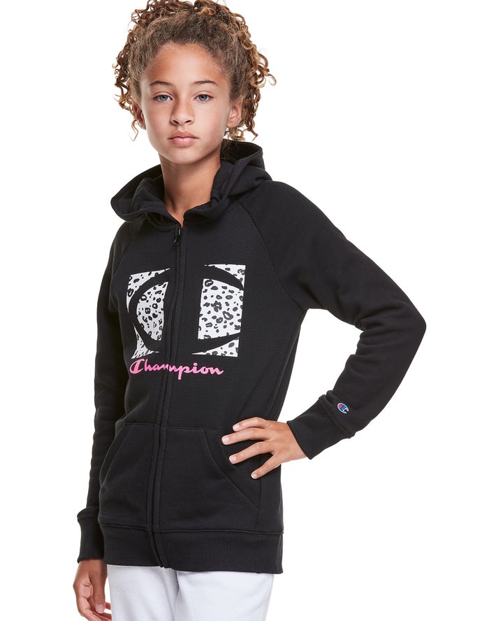 Champion Fleece Raglan Full Zip Leopard Knockout Logo Hoodie Meisjes - Zwart - Belgie 0921YAINT